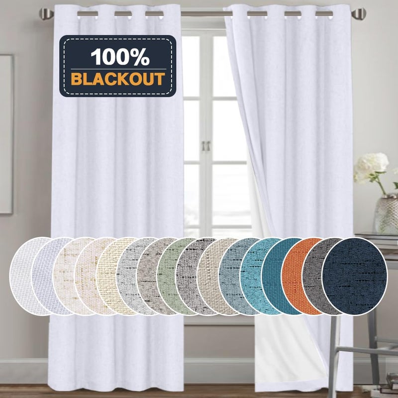 PrinceDeco White Blackout Curtains Linen Curtains 96 Inches Long 100% Blackout Room Darkening Curtains & Drapes with White Liner Faux Linen Fabric Window Curtain Panels for Living Room/Bedroom - Image 1